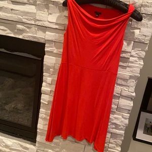Ann Taylor tomato red sleeveless dress with asymmetrical hem.